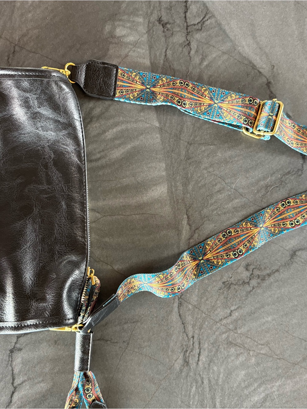 Black Leather Crossbody with Colorful Woven Strap